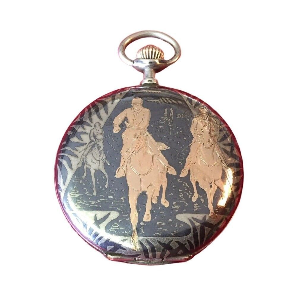 Antique Pocket Watch Eterna Niello Tula Silver Rose Gold Signed